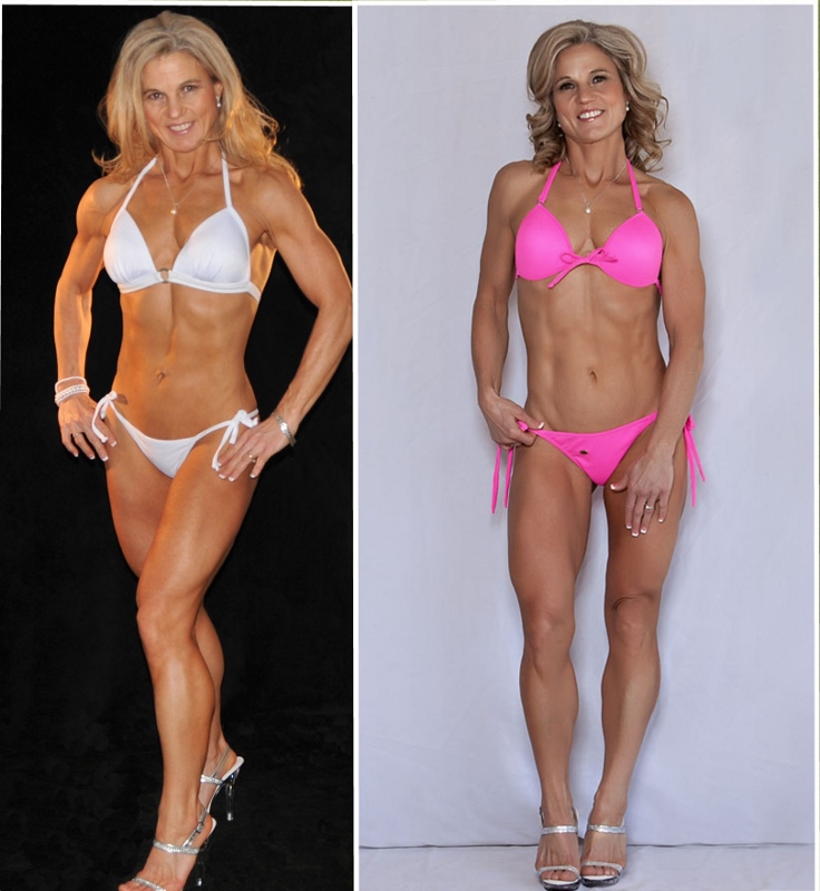 On the left; an offset stance with a slight twist shows of an hour glass. One the right; straight on. Try each.